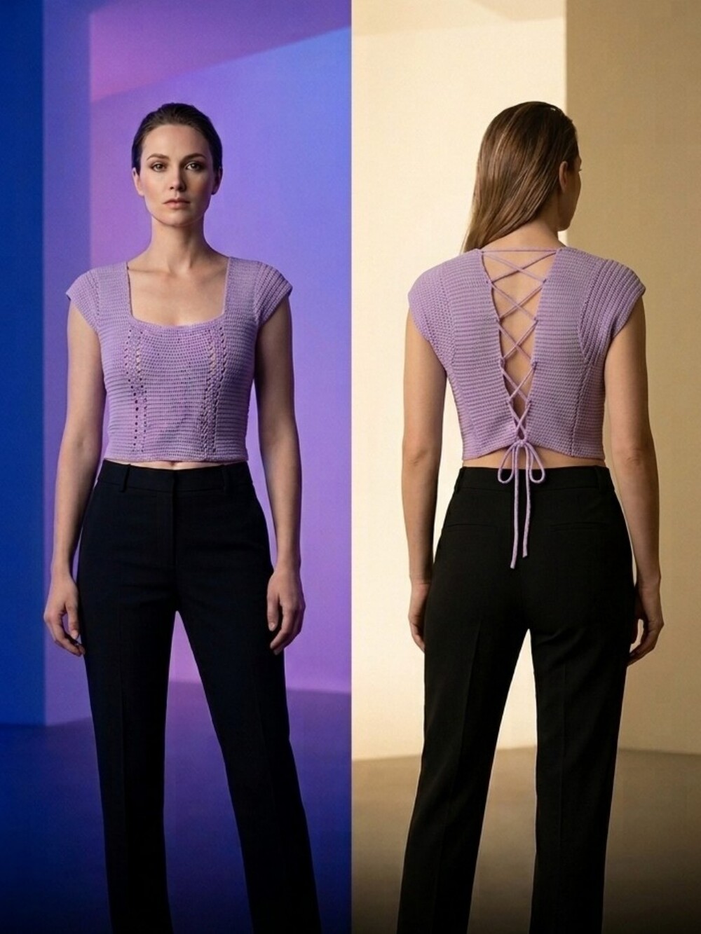 Jolie & Joy Lavender Sweater Lace Back Crop Top Size M/L